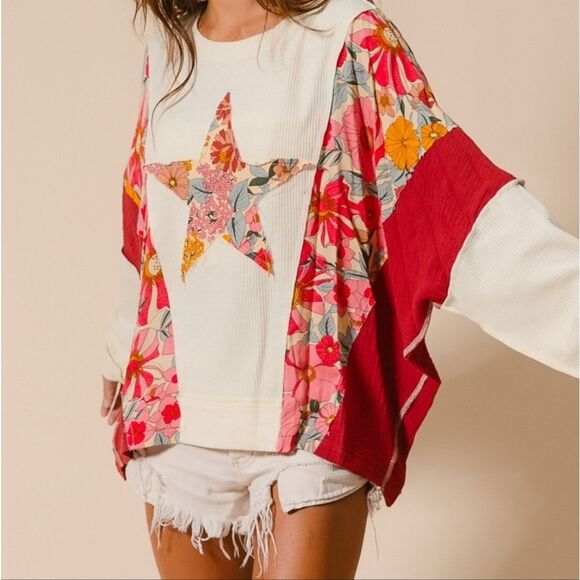 ◇ BiBi Graphic Star Patch Baggy Shirt ColorBlock Detail - Picture 2 of 15